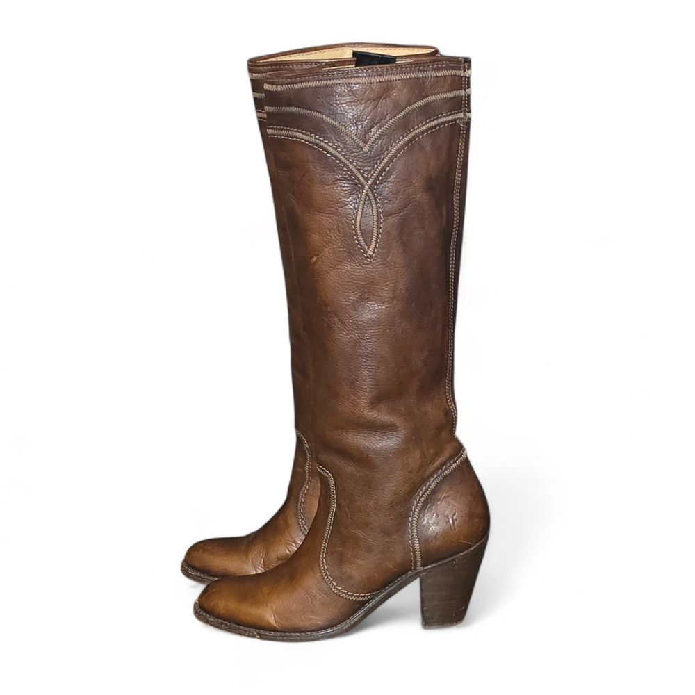 Frye Mustang Stitch Brown Leather Mid-Calf Western Stack Heeled Boots 7.5